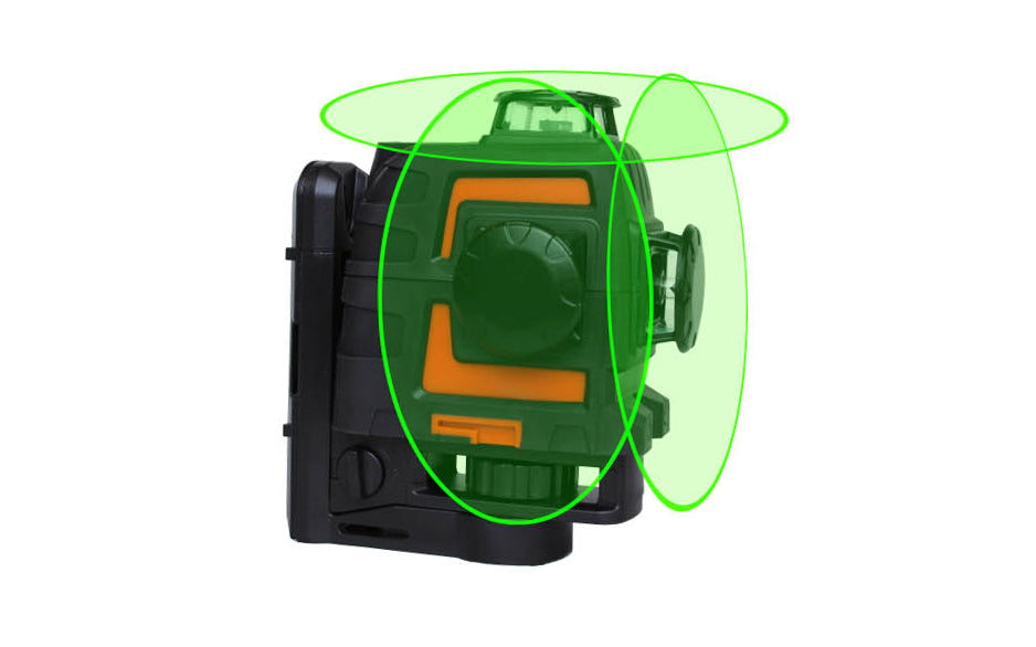Model No. 40-6674 · Projects three self-leveling 360° planes of laser light for total jobsite coverage ~ GreenBrite Technology - 400% more visible than red lasers. Manual mode allows unit to tilt at extreme angles. Multi-functional magnetic base provides strong hold that will not slide. With battery pack.  049448066742