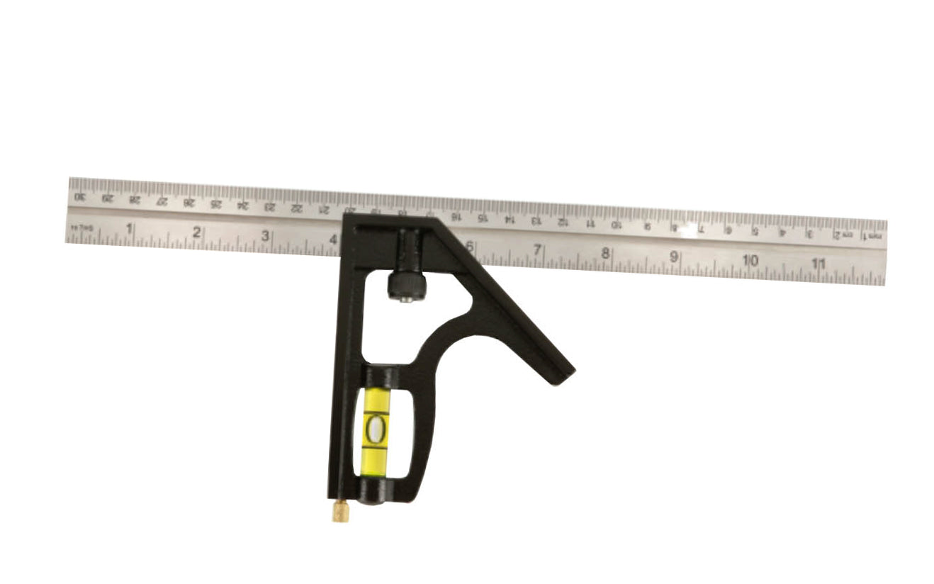 Model No. 400EM-S ~ Johnson Level ~ 12" size combo square ~ Blade made of stainless steel construction ~ Durable cast zinc body ~ Graduations in 1/32", 1/16", 1/8", & millimeters. Hardened removable scribe - Combination square - die cast zinc head. Precision stainless steel etched blade.  Made in USA ~ 049448003679
