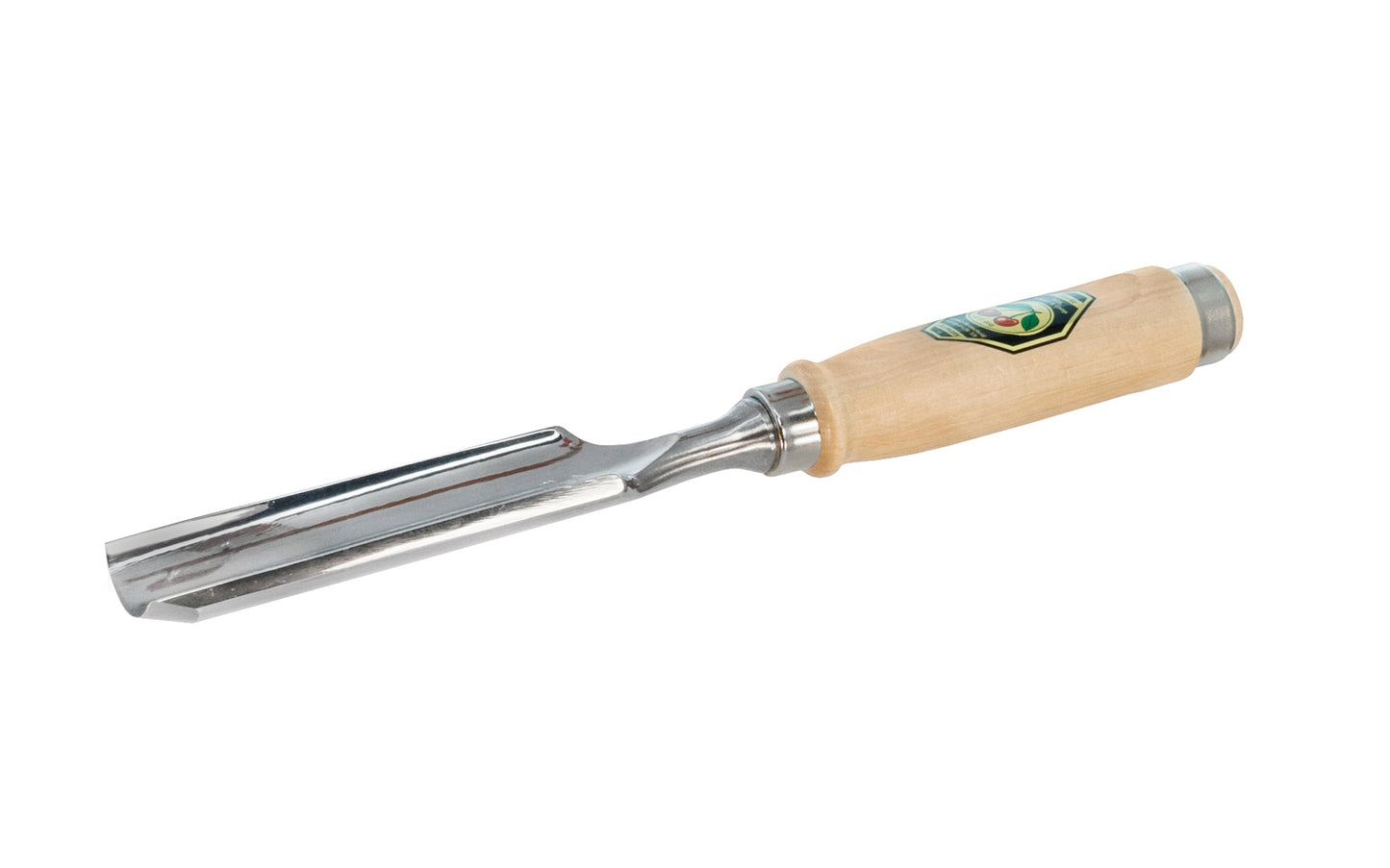 Model 1431-40MM. A 40 mm Firmer Gouge made by Two Cherries in Germany. It has an curve in the length of the blade with the cutting bevel on the outside, known as an out-cannel gouge, for use in working concave hollows. Two Cherries Series 1431. Steel Ferrule. High carbon steel, Tempered to Rc61 Rockwell. Made in Germany