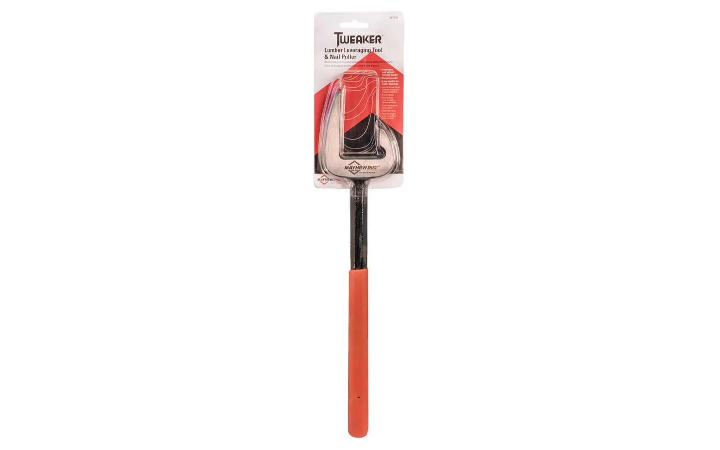 Mayhew Lumber Leveraging Tool & Nail Puller is used to tweak or adjust bent or warped lumber; adjust studs, joints, or rafters. Demolition uses include pulling nails, wedging, stripping, & wrecking. Only for use on lumber. Powder-coated finish with a cushion-grip handle. Model No. 41500. Long handle for better leverage