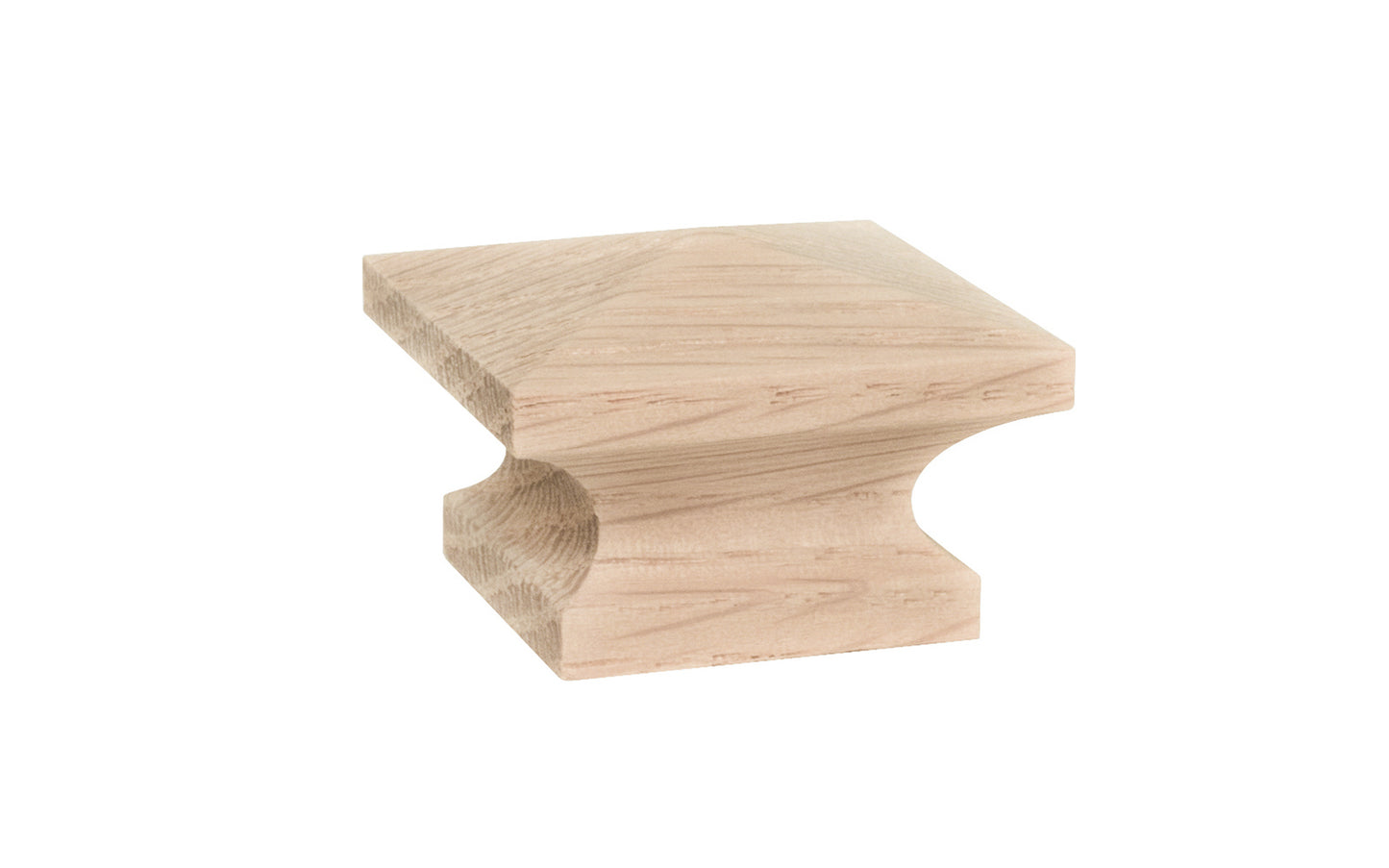 A classic wood pyramid cabinet knob of solid oak material.  This good-looking wooden knob has a slight pyramid design & square edges. Designed in the Mission-style / Arts & Crafts, Craftsman style of hardware. Unfinished solid oak wood. May be stained, painted, or varnished. 1-1/4" size knob