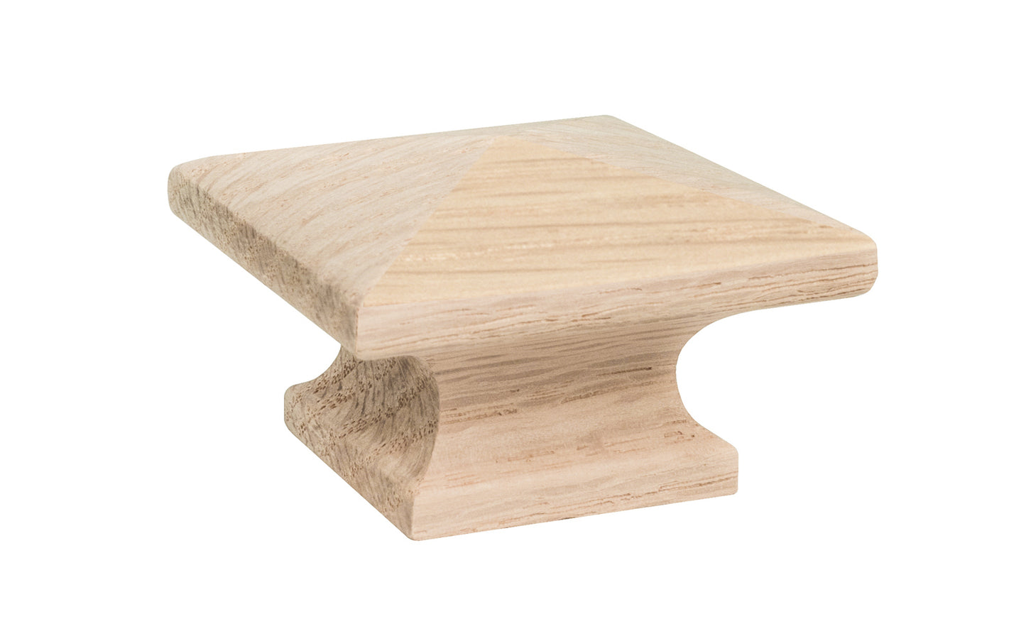 A classic wood pyramid cabinet knob of solid oak material. This good-looking wooden knob has a slight pyramid design & square edges. Designed in the Mission-style / Arts & Crafts, Craftsman style of hardware. Unfinished solid oak wood. May be stained, painted, or varnished. 1-3/4" size knob