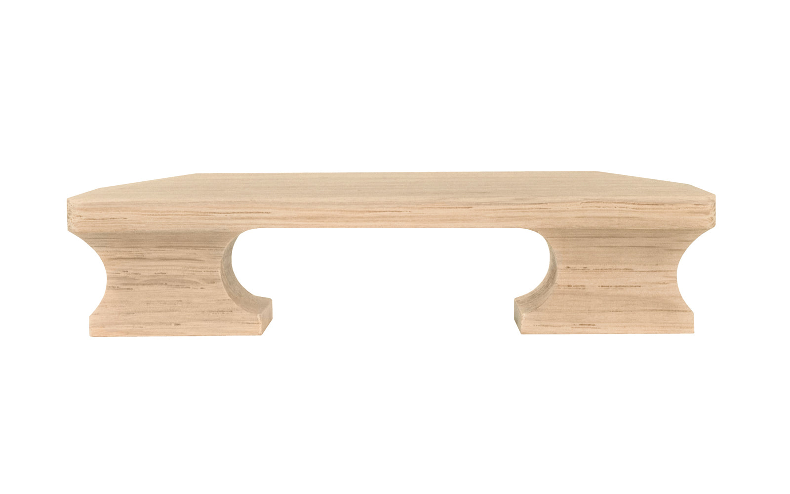 A classic square-edged handle pull made of solid oak material. 3" on centers. This good-looking wood handle has a slight pyramid design & square edges. Designed in the Mission-style / Arts & Crafts, Craftsman style of hardware. 3" spacing of screw holes. Unfinished solid oak wood. May be stained, painted, or varnished.