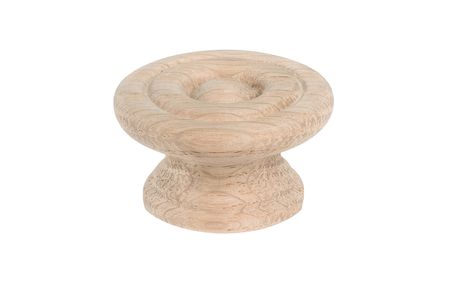A classic oak wood round cabinet knob with a smooth ring circle design. They may be stained, painted, or varnished if desired. Late 19th Century style of hardware. Great for a wide variety of uses including drawers, kitchen cabinets, smaller doors, furniture, cabinet doors. 1-1/2" diameter knob.