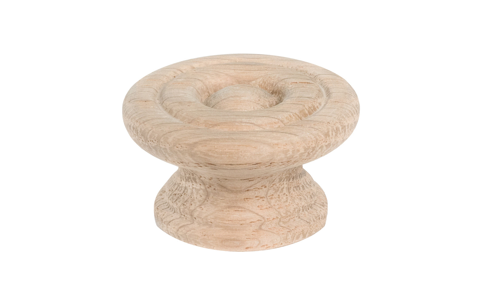 A classic oak wood round cabinet knob with a smooth ring circle design. They may be stained, painted, or varnished if desired. Late 19th Century style of hardware. Great for a wide variety of uses including drawers, kitchen cabinets, smaller doors, furniture, cabinet doors. 1-1/2" diameter knob.
