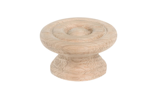 A classic oak wood round cabinet knob with a smooth ring circle design. They may be stained, painted, or varnished if desired. Late 19th Century style of hardware. Great for a wide variety of uses including drawers, kitchen cabinets, smaller doors, furniture, cabinet doors. 1-1/2" diameter knob.