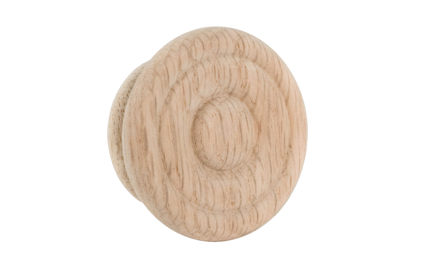 A classic oak wood round cabinet knob with a smooth ring circle design. They may be stained, painted, or varnished if desired. Late 19th Century style of hardware. Great for a wide variety of uses including drawers, kitchen cabinets, smaller doors, furniture, cabinet doors. 2" diameter knob.