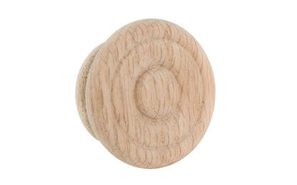 A classic oak wood round cabinet knob with a smooth ring circle design. They may be stained, painted, or varnished if desired. Late 19th Century style of hardware. Great for a wide variety of uses including drawers, kitchen cabinets, smaller doors, furniture, cabinet doors. 2" diameter knob.