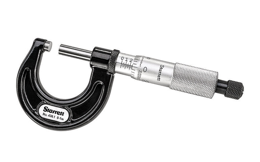 Starrett 436.1 Outside Micrometer features ratchet stop, lock nut, and carbide face, and .001" Grad, Ratchet Stop, Lock Nut, Carbide Faces.   049659679939. 67993