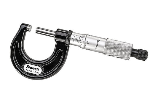 Starrett 436.1 Outside Micrometer features ratchet stop, lock nut, and carbide face, and .001" Grad, Ratchet Stop, Lock Nut, Carbide Faces.   049659679939. 67993