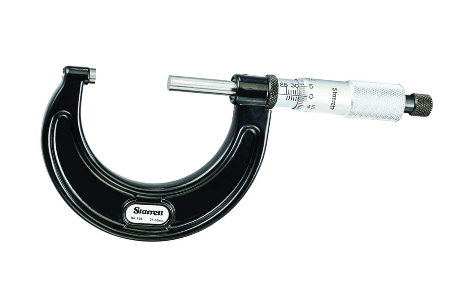 Starrett 436MRL-50 Outside Micrometer features ratchet stop, lock nut, 25-50mm range and 0.01mm graduation. 0.01mm Grad, Ratchet Stop, Lock Nut. Made in USA. . EDP 51599. 049659515992