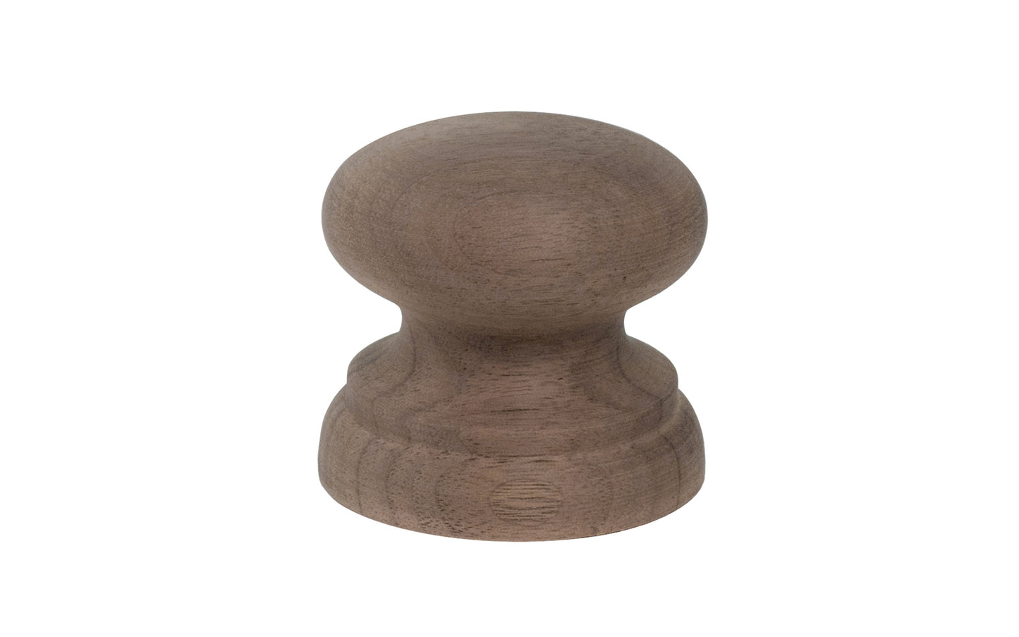 A classic walnut wood round cabinet knob with a large pedestal shaped base. Made of unfinished walnut wood. These knobs may be stained, painted, or varnished if desired. 1-3/4" Diameter Knob.