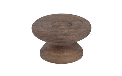 A classic walnut wood round cabinet knob with a smooth ring circle design. They may be stained, painted, or varnished if desired. Late 19th Century style of hardware. Great for a wide variety of uses including drawers, kitchen cabinets, smaller doors, furniture, cabinet doors. 1-1/2" Diameter Knob.