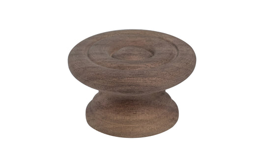 A classic walnut wood round cabinet knob with a smooth ring circle design. They may be stained, painted, or varnished if desired. Late 19th Century style of hardware. Great for a wide variety of uses including drawers, kitchen cabinets, smaller doors, furniture, cabinet doors. 1-1/2" Diameter Knob.
