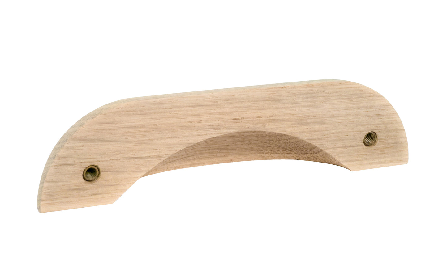 Classic & traditional smooth oak wood handle pull with 3-3/4" On Centers. Made of unfinished solid oak wood, this handle has a smooth feel & nice-looking grain to it. It may even be stained, painted, or varnished if desired. 3-3/4" spacing of screw holes ~ Smooth design ~ Solid oak pull.