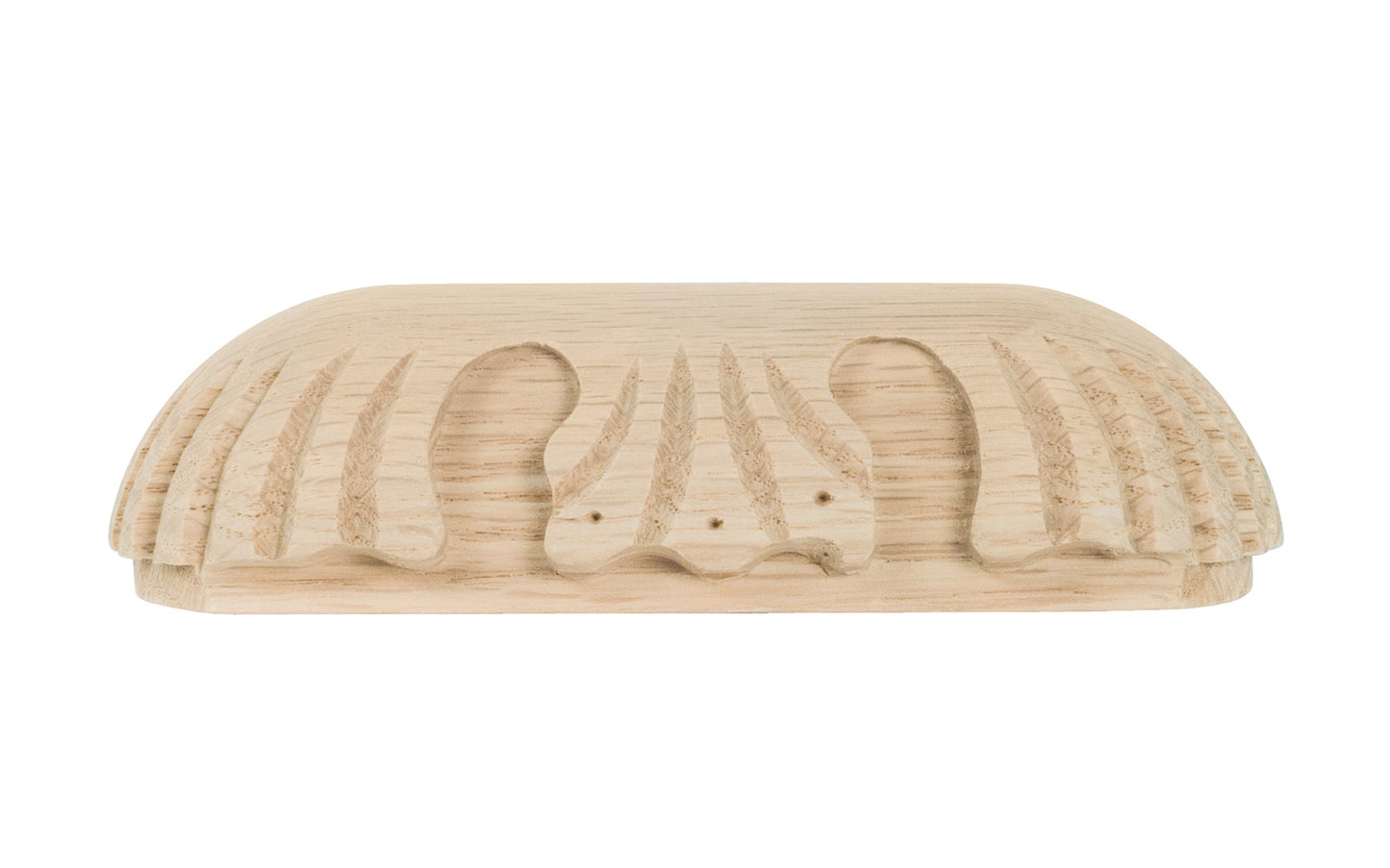 A traditional & intricate design carved oak wood handle pull with 3-3/4" on centers. Made of unfinished solid oak wood, this handle has a smooth feel & nice-looking grain to it. It may even be stained, painted, or varnished if desired. 3-3/4" spacing of screw holes. Solid oak pull.