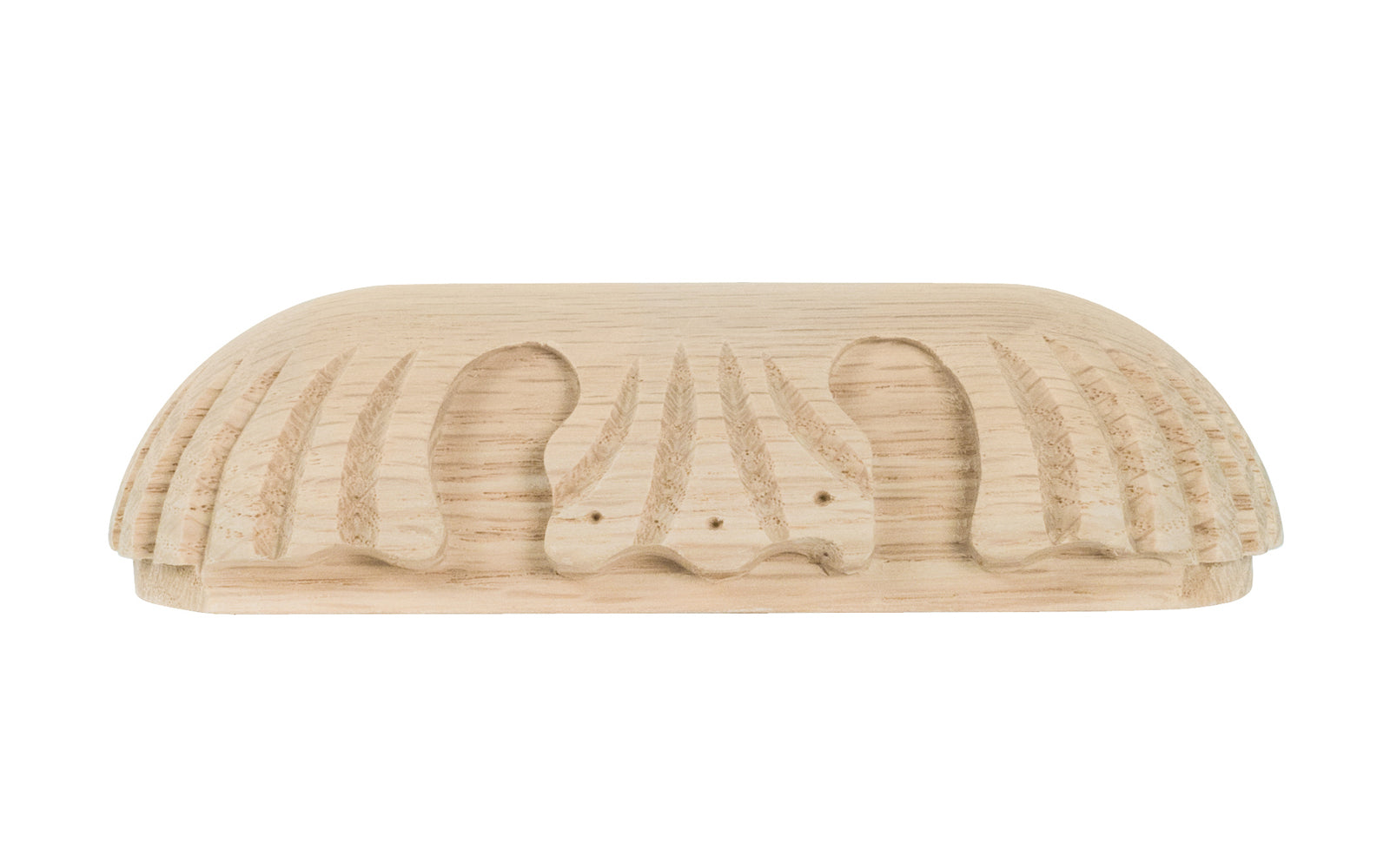 A traditional & intricate design carved oak wood handle pull with 3-3/4" on centers. Made of unfinished solid oak wood, this handle has a smooth feel & nice-looking grain to it. It may even be stained, painted, or varnished if desired. 3-3/4" spacing of screw holes. Solid oak pull.