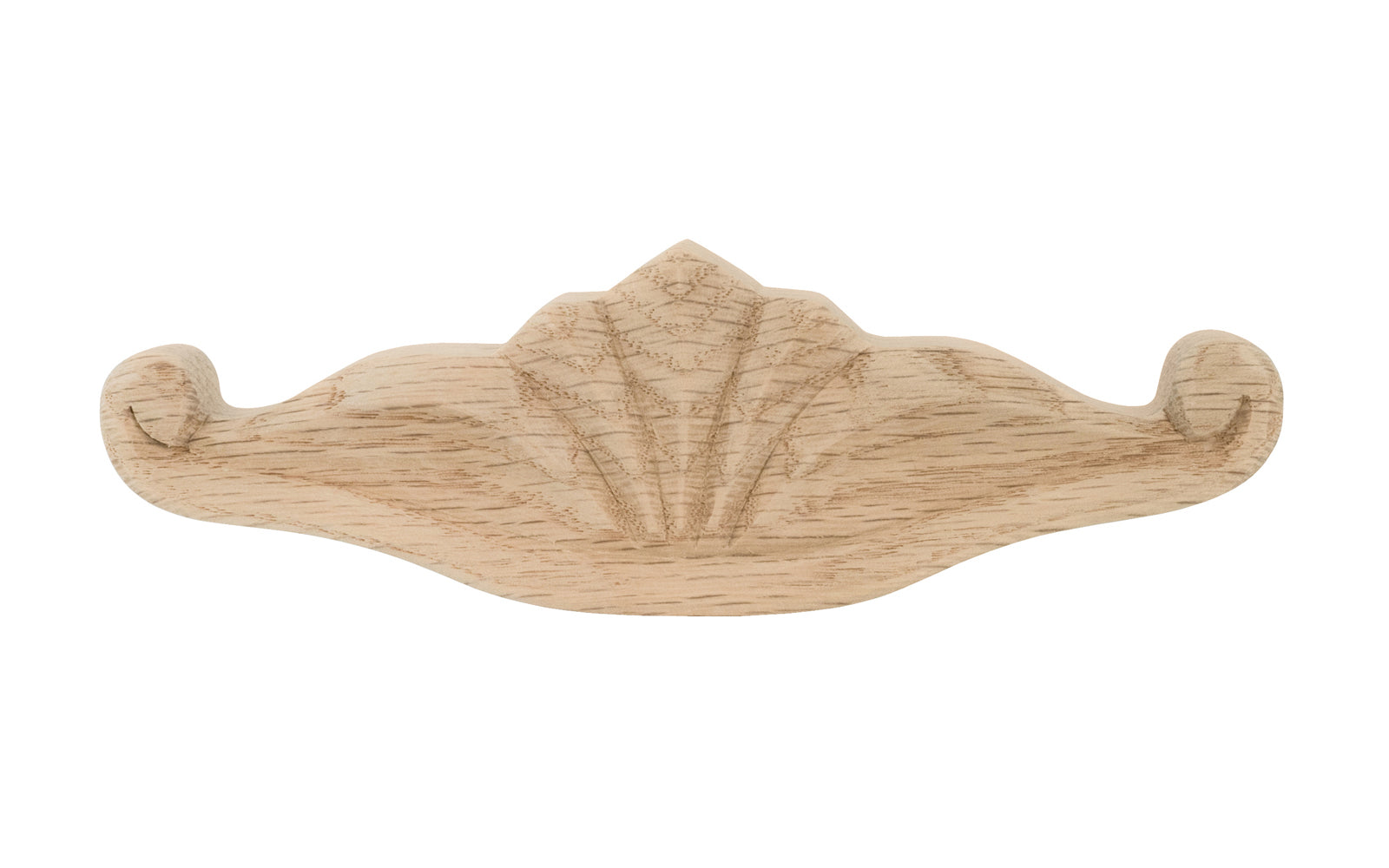 A traditional & intricate design carved oak wood handle pull with 3" on centers. Made of unfinished solid oak wood, this handle has a smooth feel & nice-looking grain to it. It may even be stained, painted, or varnished if desired. 3" spacing of screw holes. Solid oak pull.