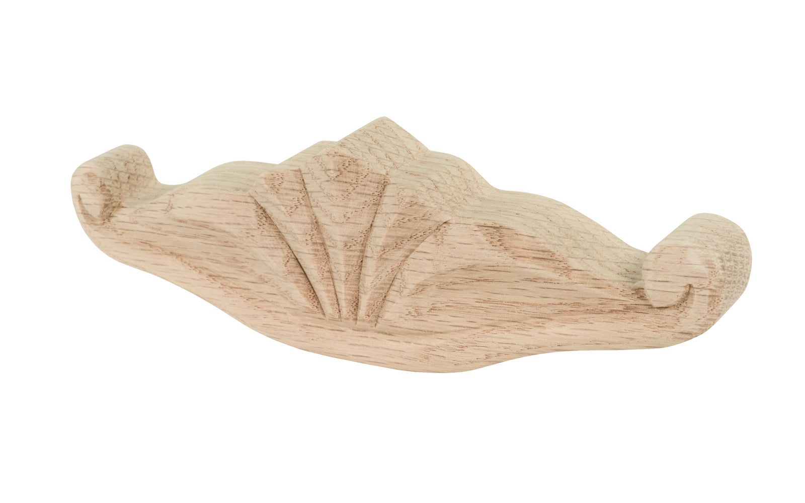 A traditional & intricate design carved oak wood handle pull with 3" on centers. Made of unfinished solid oak wood, this handle has a smooth feel & nice-looking grain to it. It may even be stained, painted, or varnished if desired. 3" spacing of screw holes. Solid oak pull.