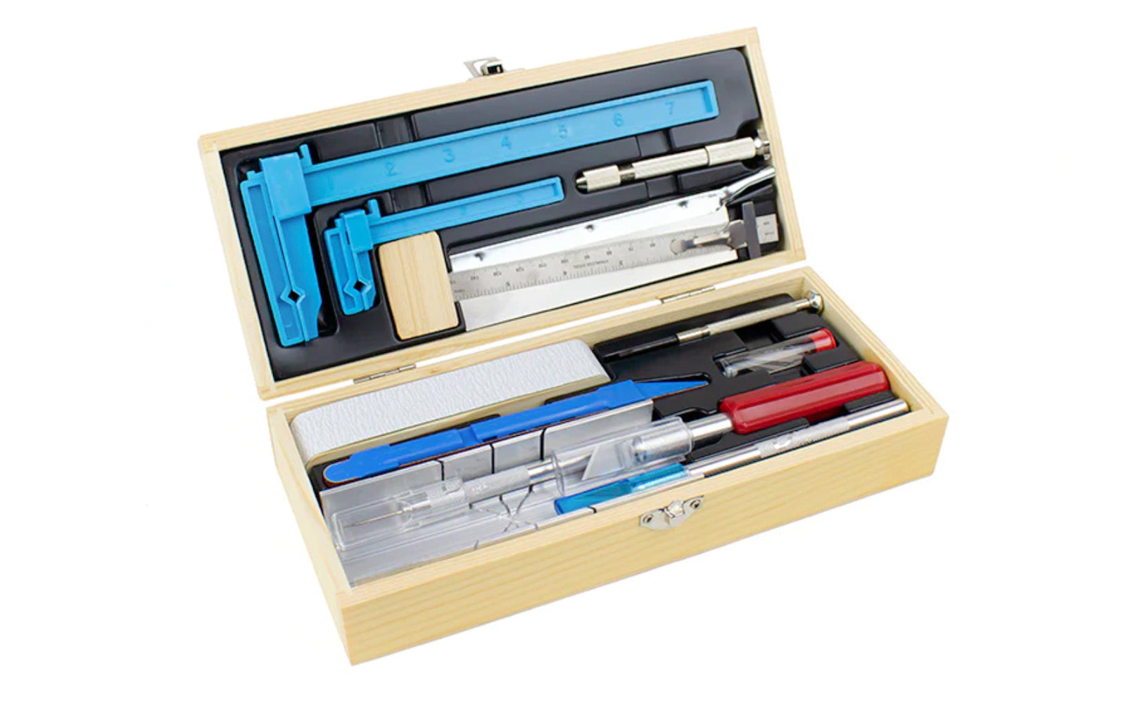 Deluxe Hobby Tool Set by Excel Blades. Includes knife handles that house a 4 jaw aluminum chuck for more secure blade positioning. Includes wooden case with a clasp lock that protects your tools. Excel Model 44288. Made in USA.