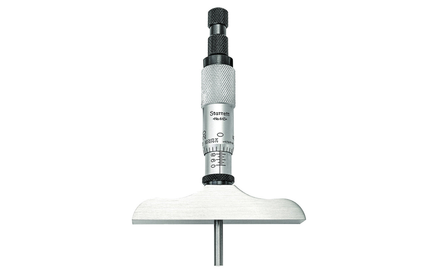 Starrett 445AZ-3RL Depth Micrometer. The depths of holes, slots, shoulders and projections can be measured with these fine tools. Combination ratchet and speeder for uniform pressure and quicker adjustment. Ring-type knurled lock nut for quick and sure locking. Satin chrome reading surface is glare free and resists rust.  Made in USA.