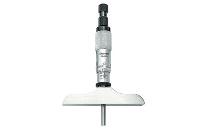 Starrett 445AZ-3RL Depth Micrometer. The depths of holes, slots, shoulders and projections can be measured with these fine tools. Combination ratchet and speeder for uniform pressure and quicker adjustment. Ring-type knurled lock nut for quick and sure locking. Satin chrome reading surface is glare free and resists rust.  Made in USA.