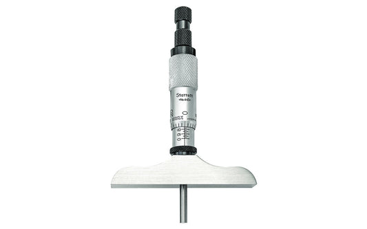 Starrett 445AZ-3RL Depth Micrometer. The depths of holes, slots, shoulders and projections can be measured with these fine tools. Combination ratchet and speeder for uniform pressure and quicker adjustment. Ring-type knurled lock nut for quick and sure locking. Satin chrome reading surface is glare free and resists rust.  Made in USA.