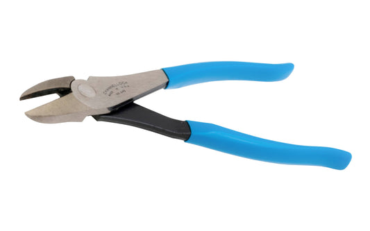Channellock High Leverage 9-1/2" Curved Diagonal Cutting Pliers. Model No. 449. Quality high carbon alloy U.S. steel for superior performance. Laser heat-treated cutting edges last longer. Cuts piano, hard, medium hard, & soft wire. Vinyl blue comfort grips. 025582825018. Made in USA. 