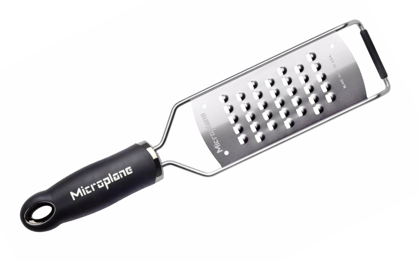 Made in USA - Blade made in USA - Great for grating soft cheese, carrots, potato, zucchini, cabbage - Non-slip grip - Dishwasher safe - Razor-sharp blades made from stainless steel - 18/8 grade - Ergonomically designed handle ~ No-slip base - Gourmet Series Extra Coarse Grater - 098399450087 - non-skid foot - 45008