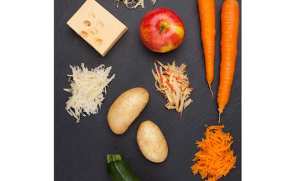 Made in USA - Blade made in USA - Great for grating soft cheese, carrots, potato, zucchini, cabbage - Non-slip grip - Dishwasher safe - Razor-sharp blades made from stainless steel - 18/8 grade - Ergonomically designed handle ~ No-slip base - Gourmet Series Extra Coarse Grater - 098399450087 - non-skid foot - 45008