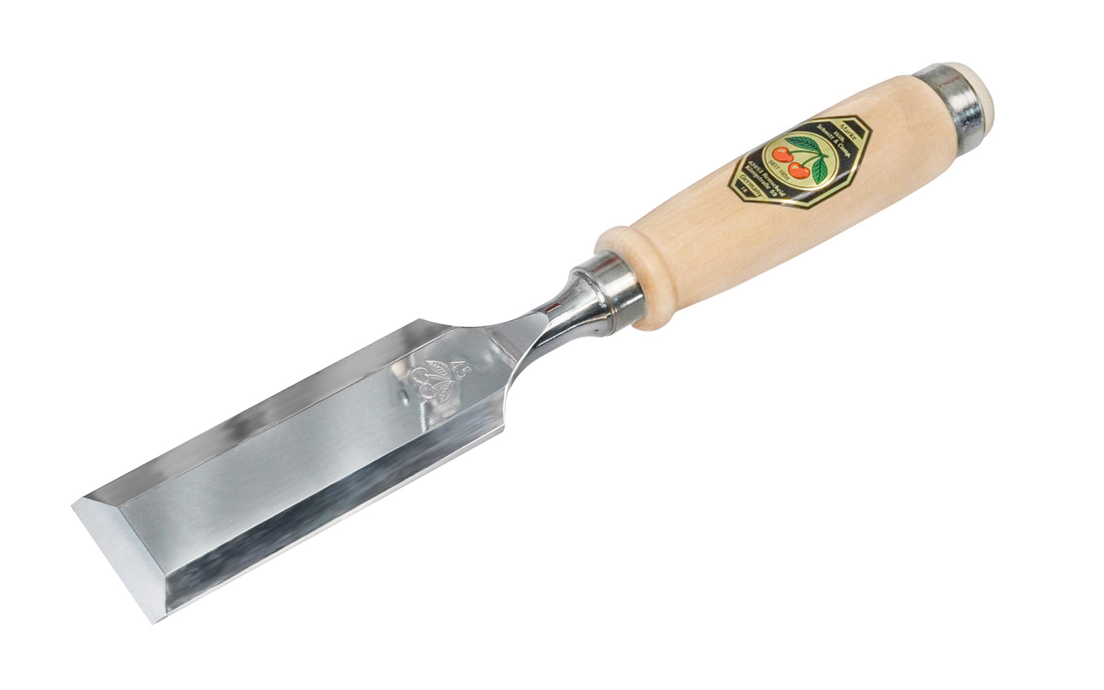Made in Germany ~ Two Cherries · 1001 series ~ high carbon steel ~ Tempered to Rc61 Rockwell ~ Varnished flat Hornbeam handle - Stechbeitel - Firmer Chisel - short length, light pattern, bevelled edges, Flat hornbeam handle - bevel edge - steel ferrule ~ Use with mallets - 45 mm - 45MM Wide - 4016649101905 - 1001/045