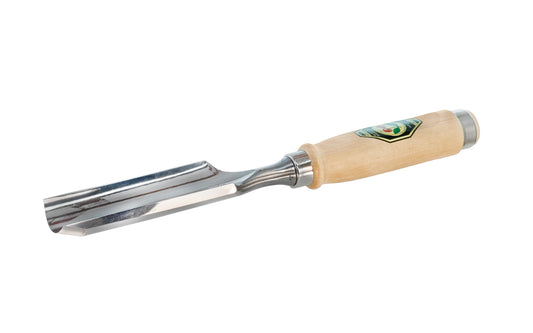 Model 1431-45MM. A 45 mm Firmer Gouge made by Two Cherries in Germany. It has an curve in the length of the blade with the cutting bevel on the outside, known as an out-cannel gouge, for use in working concave hollows. Two Cherries Series 1431. Steel Ferrule. High carbon steel, Tempered to Rc61 Rockwell. Made in Germany