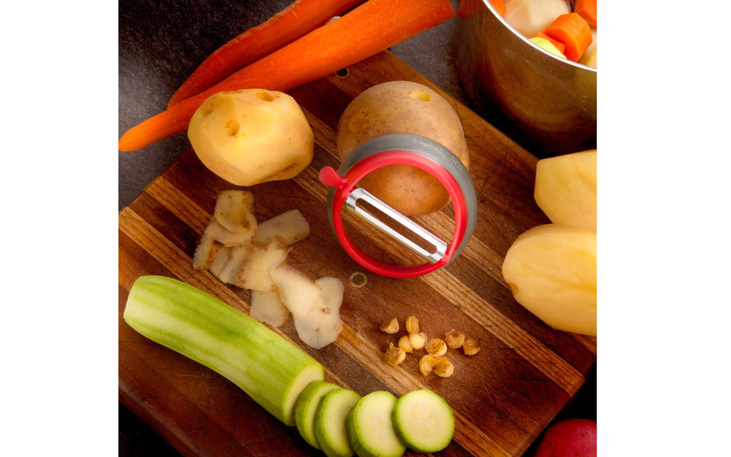 Multi-positional grip peeler - Model 47531 - Straight blade peeler - Round Kitchen Peeler - Blade made from hardened stainless steel - Dishwasher safe - Round Shape Potato Peeler - Grip Strip - Grip'n Strip - Peeling tool ~ Swiveling twin blades - Right Hand Peeler - Left Hand Peeler - Carrot Peeler - Vegetable Peeler