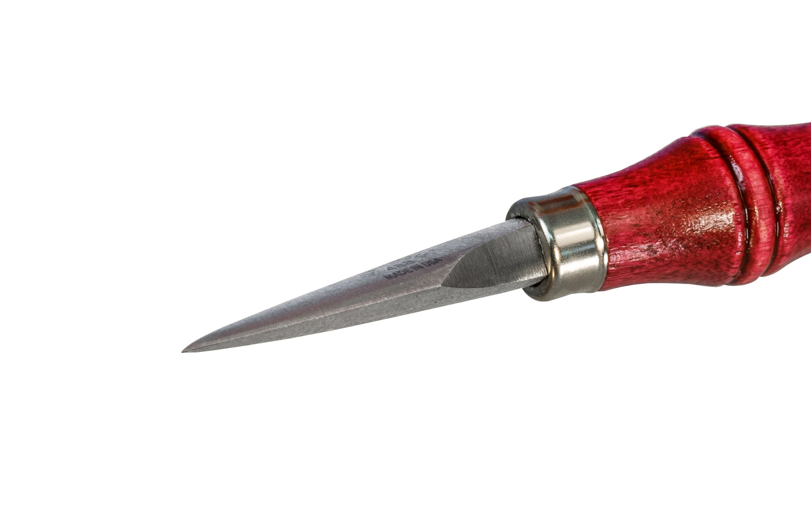 Made in USA · C.S. Osborne Model No. 488 - Carbon steel blade - For splitting saddle string when braiding. High carbon steel blade stays sharp & is shaped to leave hole open for string. Hardwood handle with nickel plated ferrule.   Made in USA. Bleeder Knife - Thick Tapered knife - Saddle String Blade - Braiding Knife