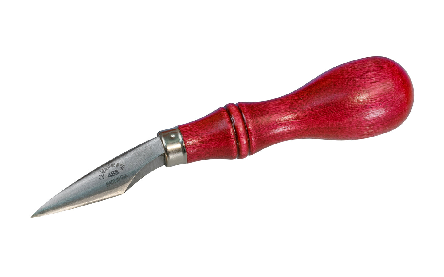 Made in USA · C.S. Osborne Model No. 488 - Carbon steel blade - For splitting saddle string when braiding. High carbon steel blade stays sharp & is shaped to leave hole open for string. Hardwood handle with nickel plated ferrule.   Made in USA. Bleeder Knife - Thick Tapered knife - Saddle String Blade - Braiding Knife ~ 096685601786