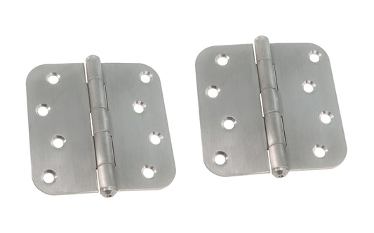 A Pair of 4" Stainless Finish Door Hinges with 5/8" corner radius. Satin stainless finish color on steel material. Sold as a pair of hinges. Fixed pin.  Ultra Hardware No. 35051.