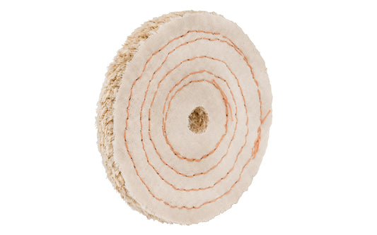 The 4" Sisal Buffing Wheel ~ 1/2" Thick is a workhorse for aggressive cutting & coarse buffing. 1/2" wide thickness. 1/2" hole diameter. Made in USA. Great for steel, iron, stainless & other hard metals. Held together with 1/4" wide spiral sewn lockstitch sewing & covered with cotton. Dico Polishing Company 528-38-4