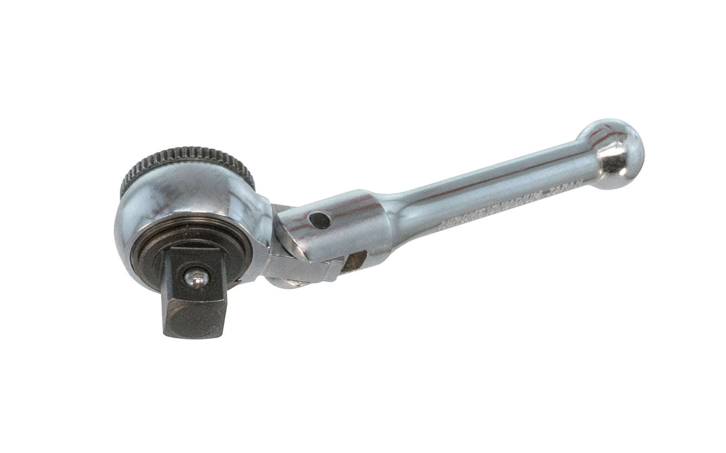 This 4" Stubby Ratchet 3/8" Dr with Flex Head is made of Chrome Vanadium Steel. Easy change reversible ratchet direction. 4" overall length. 3/8" drive. Flexible head.   Made in Japan. Japanese Flexible head ratchet. Mini Ratchet.