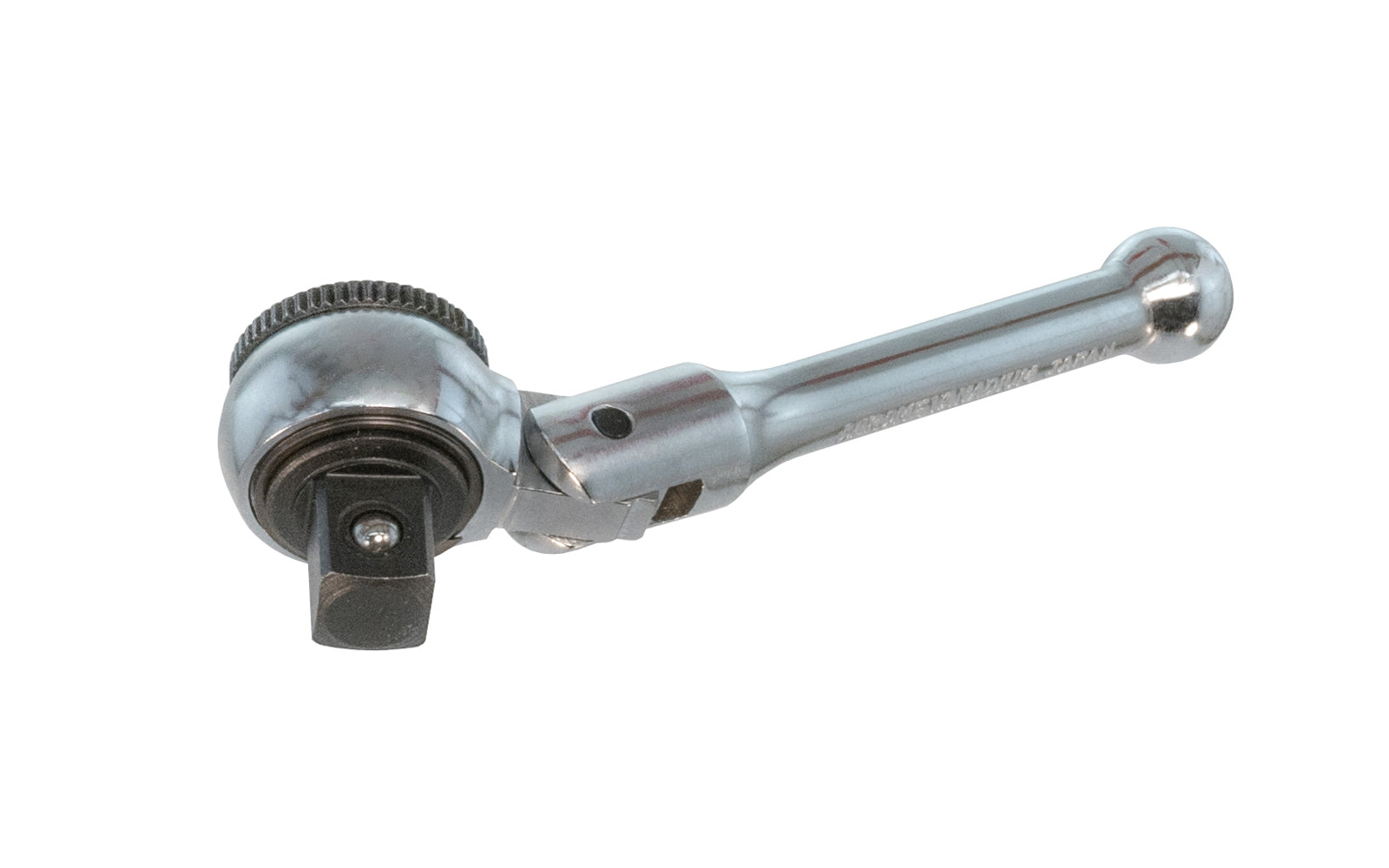 This 4" Stubby Ratchet 3/8" Dr with Flex Head is made of Chrome Vanadium Steel. Easy change reversible ratchet direction. 4" overall length. 3/8" drive. Flexible head.   Made in Japan. Japanese Flexible head ratchet. Mini Ratchet.