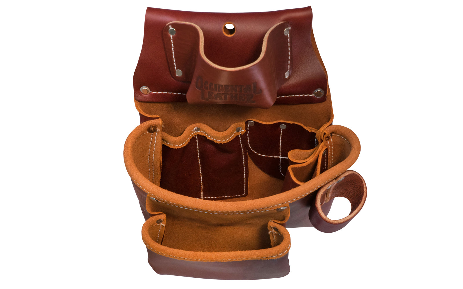 Occidental Leather 2-Pouch "Pro Tool" Bag with Tape Pocket ~ 5018 - Fits 3" work belt - Pouch - 10 total pockets & tool holders - Genuine leather - Made in USA - 759244007107 - Double outer bags & holders for pencils, knife, lumber crayon, chisel, torpedo level, hammer - Two Pouch Tool Bag - ProTool Leather Bag 