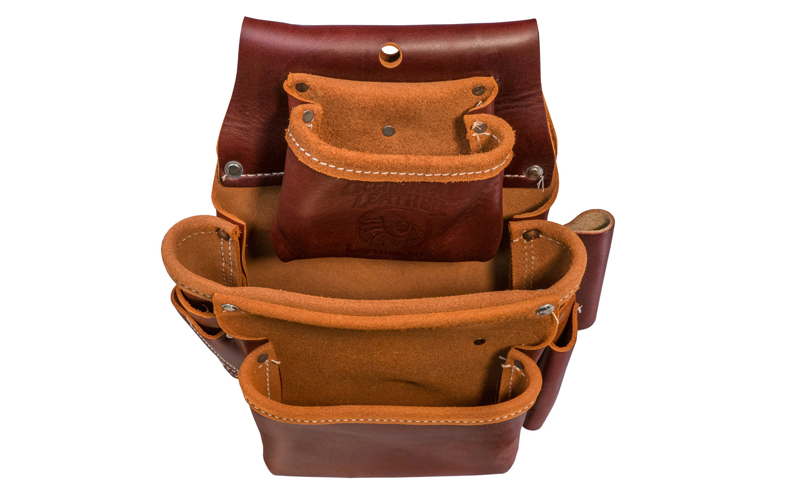 Occidental Leather 3-Pouch "Pro Fastener" Bag with Tape Pocket ~ 5060 - Fits 3" work belt - 9 total pockets & tool holders - Genuine leather - Made in USA - 759244008906 - Highly recommended for framing & general carpentry applications. Holders for 1” blade square, angle square, cat’s paw, driver bits - Three Pouch Bag