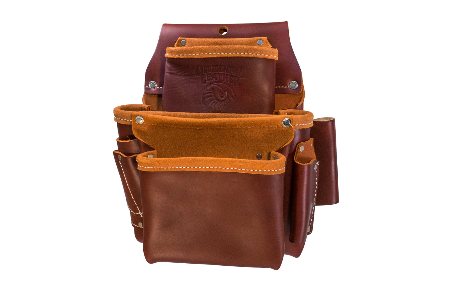Occidental Leather 3-Pouch "Pro Fastener" Bag with Tape Pocket ~ 5060 - Fits 3" work belt - 9 total pockets & tool holders - Genuine leather - Made in USA - 759244008906 - Highly recommended for framing & general carpentry applications. Holders for 1” blade square, angle square, cat’s paw, driver bits - Three Pouch Bag