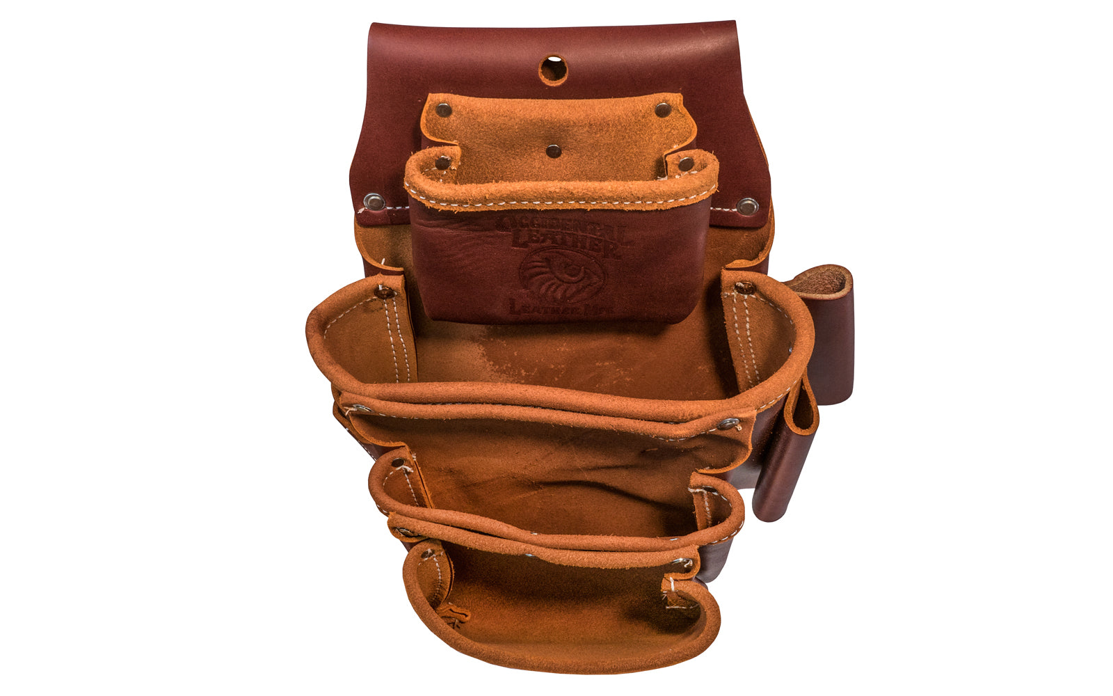 Occidental Leather 4-Pouch "Pro Fastener" Bag with Tape Pocket ~ 5062 - Fits 3" work belt - 9 total pockets & tool holders - Genuine leather - Made in USA - 759244009309 - Highly recommended for framing & general carpentry applications. Holders for 1” blade square, angle square, cat’s paw, driver bits - Four Pouch Bag