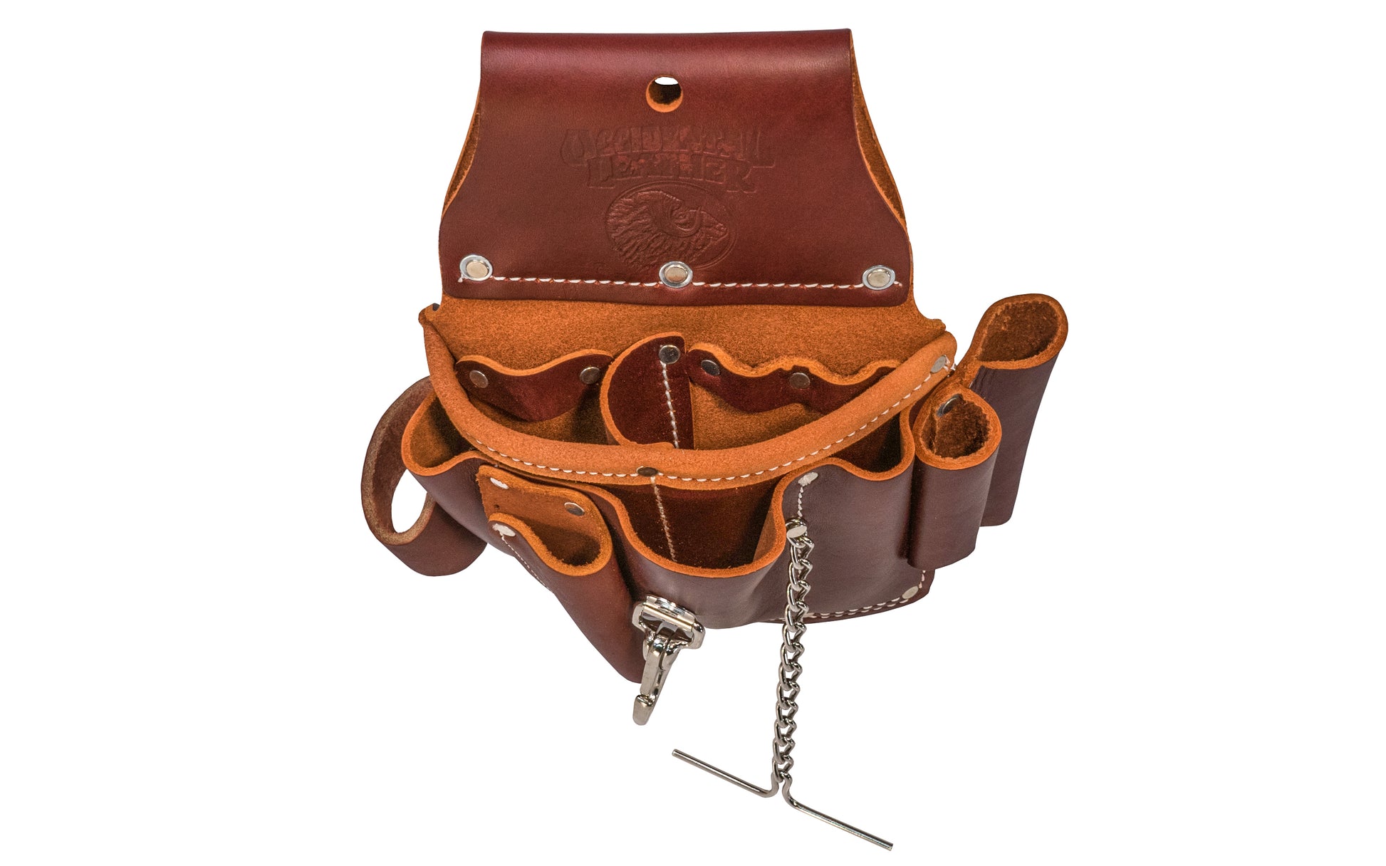 Occidental Leather Electrician's Pouch Model 5049 - 15 pockets & tool holders for most frequently used tools. Includes loop for flashlight, chain for electrical tape, quick release tool snap, heavy duty hammer holder, pockets for screw drivers & specialized tools. Tunnel loop on back accepts up to 3" work belt.