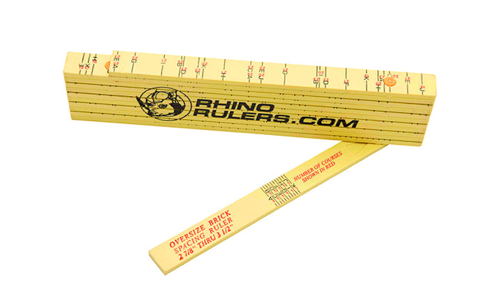 Rhino Rulers 6' Oversized Brick Spacing Fiberlass Folding Ruler measures 1/2" x 6' Brick Spacing scale on one side, & Ft/In/16ths on the other. Made of tough polyamide reinforced with fiberglass for durability. Easy to read black-on-yellow markings & red 16" stud marks. Model 55115. 727659551157.  Made in Switzerland