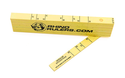 Rhino Rulers 6' Modular Brick Spacing Fiberglass Folding Ruler measures 1/2" x 6' Brick Spacing scale on one side, & Ft/In/16ths on the other. Made of tough polyamide reinforced with fiberglass for durability. Easy to read black-on-yellow markings & red 16" stud marks. Model 55120. 727659551201.  Made in Switzerland