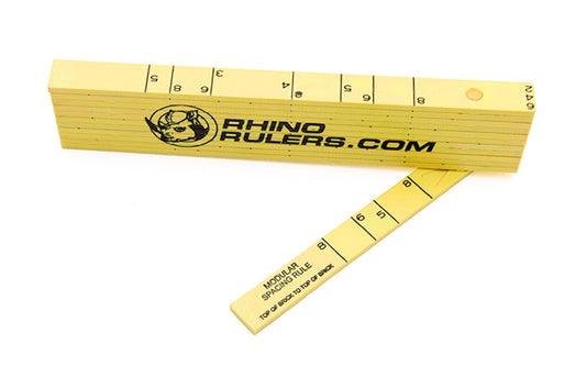 Rhino Rulers 6' Modular Brick Spacing Fiberglass Folding Ruler measures 1/2" x 6' Brick Spacing scale on one side, & Ft/In/16ths on the other. Made of tough polyamide reinforced with fiberglass for durability. Easy to read black-on-yellow markings & red 16" stud marks. Model 55120. 727659551201.  Made in Switzerland