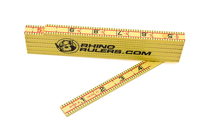 Rhino Rulers 6' Engineer's Fiberglass Folding Ruler with a 1/2" x 6' Engineer’s Scale. Made of tough polyamide reinforced with fiberglass for durability. Easy to read black-on-yellow markings & red 16" stud marks. Model 55125. 727659551256.  Made in Switzerland