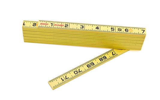 Rhino Rulers 6' Carpenter's Outside Reading Fiberglass Folding Ruler. Carpenter's Scale with (Ft/In/16ths) on both sides. Made of tough polyamide reinforced with fiberglass for durability. Easy to read black-on-yellow markings & red 16" stud marks. Model 55140. 727659551409.  Made in Switzerland