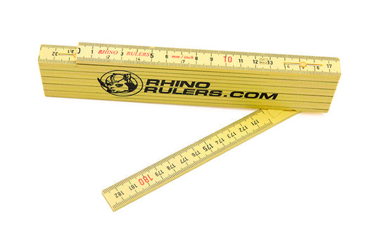 Rhino Rulers 6' Inch / Metric Reading Fiberglass Folding Ruler with English (Ft/In/16ths) on the front & Metric (m/cm/mm) on the back. Made of tough polyamide reinforced with fiberglass for durability. Easy to read black-on-yellow markings & red 16" stud marks. Model 55155. 727659551553.  Made in Switzerland